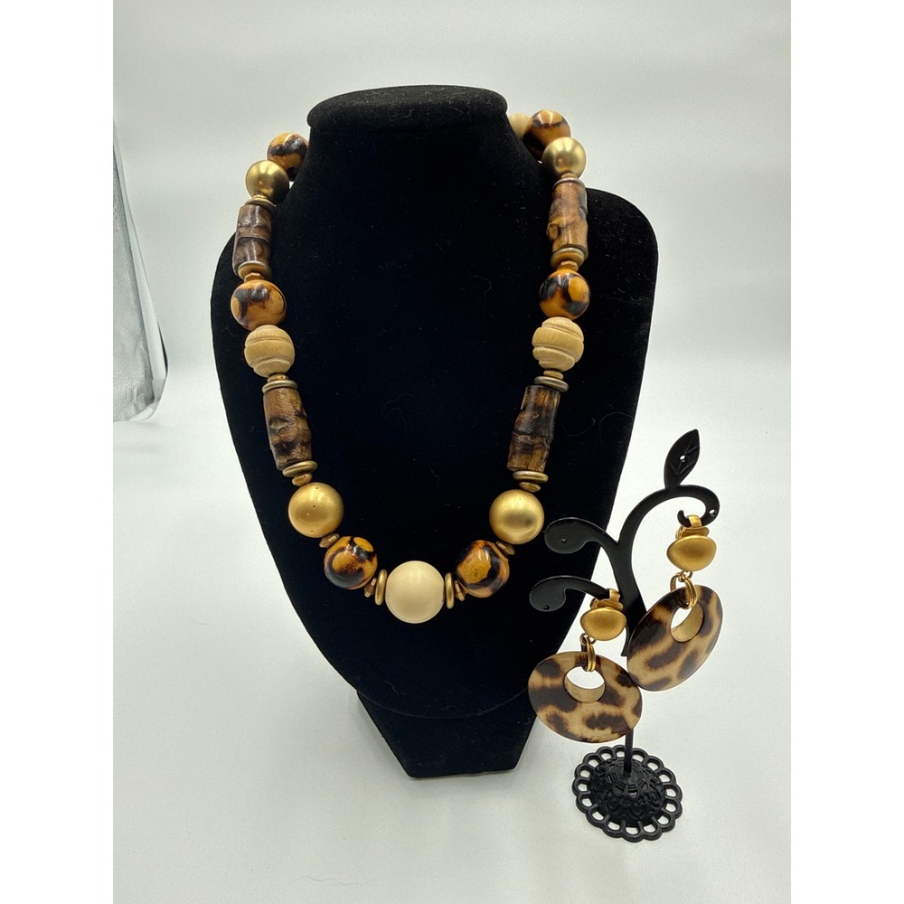 Animal Print Wood Bead Necklace and Clip On Earring Set Gold Tone Safari Boho